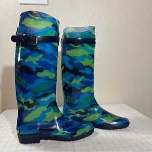 Lauren Ralph Lauren Rossalyn II Camo Print Rain Boots Size 9B BLUE GREEN Rubber